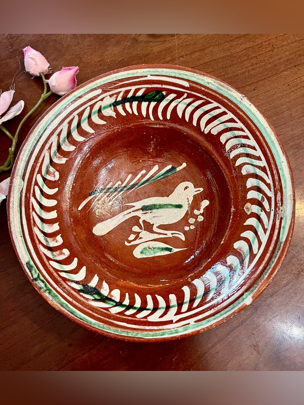 Vintage Tlaquepaque Bandera Mexican Redware Pottery Bird Bowl Signed 1950s